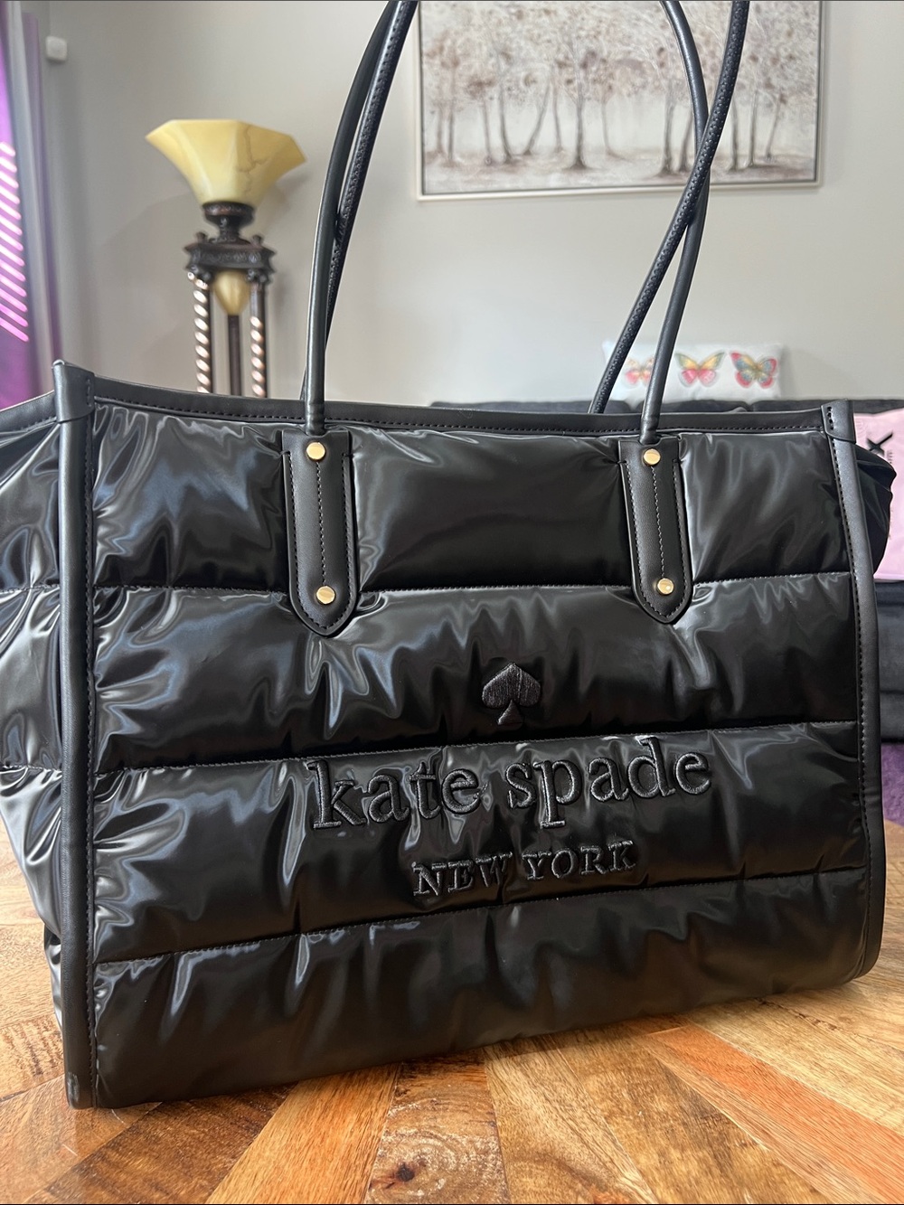 kate spade New York Ella Puffy Extra Large Black Tote shiny black nylon bag